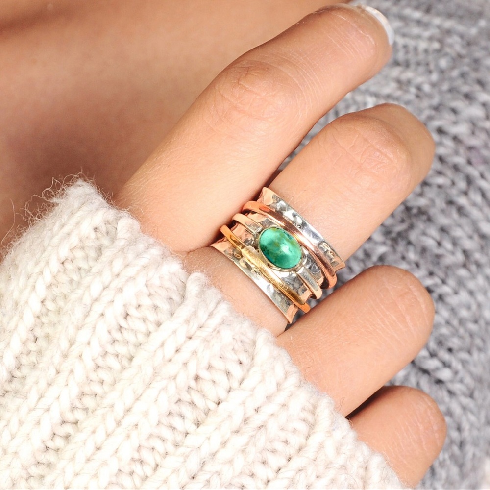 Stackable Mixed Metal Ring with Green Gemstone